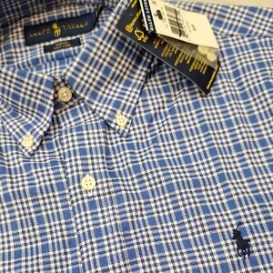 New Ralph Lauren Slim Fit Easy Care‎ Blue Plaid Men's Button Down Shirt Sz Small